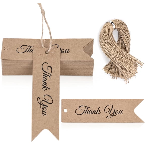 100PCS Mini Thank You Gift Tags, 2.8 x 0.8 Inch Brown Paper Tags with String for Party Favors Gift Craft Wedding Business, Medium