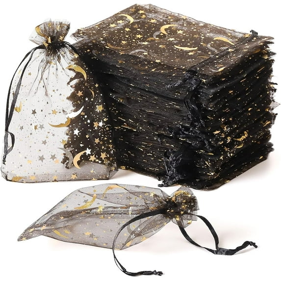 100PCS Moon Star Organza Bags, 4x6" Wedding Favors Bags with Drawstring, Mixed Color Little Mesh Candy Gift Pouches for Party, Jewelry, Christmas, Festival, Eid Mubarak Party Favor Bags