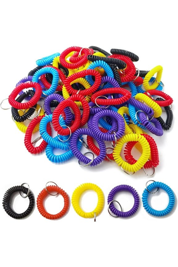 100PCS Multicolor Plastic Stretchable Spiral Bracelet Wrist Coil Key Chains, Wrist Band Key Ring Chain for Office, Workshop, Shopping Mall, Sauna, Outdoor Sport