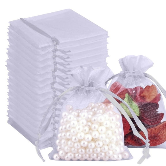 100PCS Organza Gift Bags,7cm x 9cm Sheer Drawstring Gift Pouches for Wedding Favours,Jewellery,Parties and Anniversaries Mini Organza Bags for Small Gifts(White)