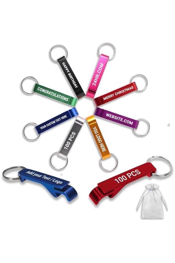 100PCS Personalized Bottle Opener Keychains, Bulk Custom Engraved Text Logo Keychain Can Opener, Customizable Aluminum Beer Bottle Openers for Bar Birthday Party Graduation Brewery Wedding Favors