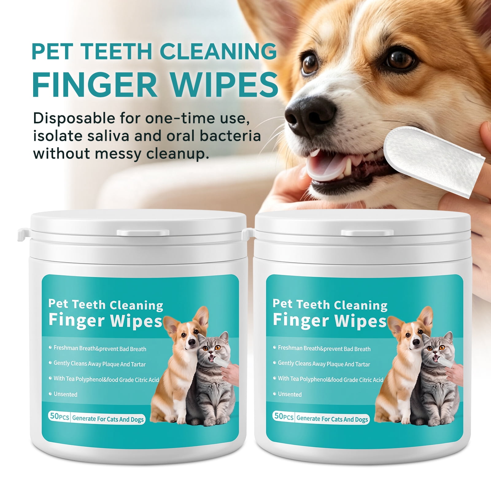 100PCS Pet Teeth Cleaning Finger Wipes for Dogs & Cats, Daily Oral Care Dental Wipes Helps Reduce Plaque Tartar & Freshens Breath, Dog Toothbrush Alternative for Puppies, Kittens & All Breeds, 2 Box