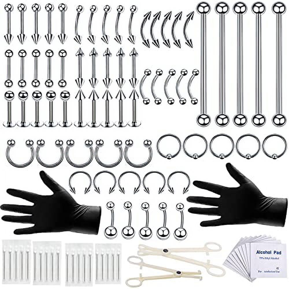 100PCS Piercing Kit 14G 16G Nose Septum Rings Piercing Jewelry for Ear Lip Belly Button Tongue Tragus Cartilage Daith Body Piercing Tools Kit with 20PCS 14G 16G 10 Alcohol Pads