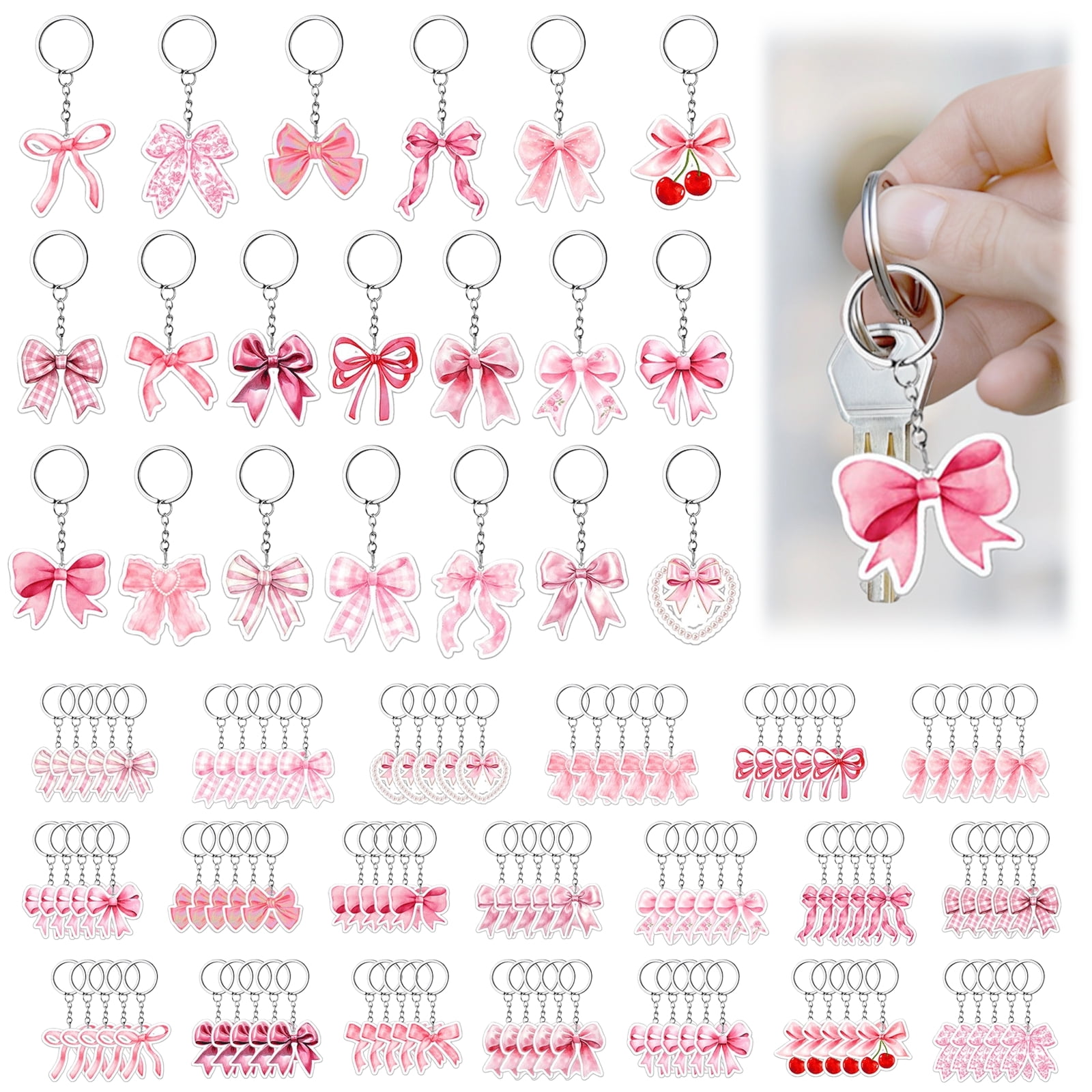 100PCS Pink Bow Party Favors, Acrylic Pink Bow Keychains, 20 Unique Designs, Cute Bag Charm Accessories with Sturdy Metal Rings, Ideal for Present Bag, Candy Boxes, Party Supplies
