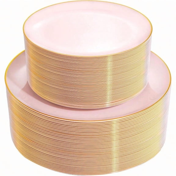 100 Pcs Pink Plastic Plates Heavy Duty Round Disposable Dinner and Dessert Plates with Gold Edge Bestseling