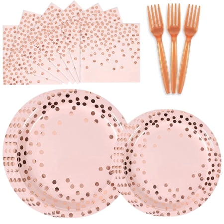 100PCS Pink and Rose Gold Party Supplies Dots Tableware Set Serves 25, Rose Gold Dots Pink Paper Plates with Napkins and Plastic Forks for Birthday Wedding Christmas Cocktail Party Baby Shower
