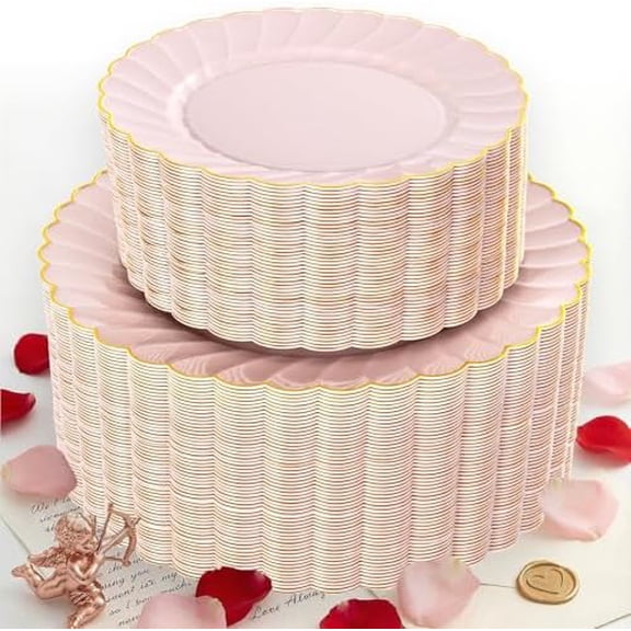 100PCS Pink Scalloped Plastic Plates - Heavy Duty Gold Disposable Fancy Hard Plates Include 50 Dinner Plate, 50 Dessert Plate, for Wedding & Party Valentines Day