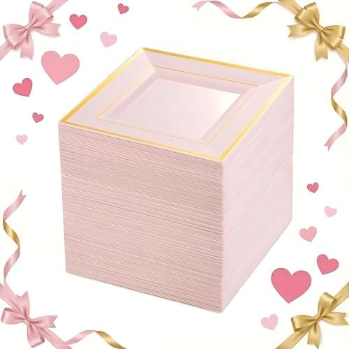 100PCS Pink Square Plastic Plates - 6inch Disposable Pink and Gold - Premium Hard Square Small Appetizer/Cake Plates for Wedding,Party&Valentine's Day