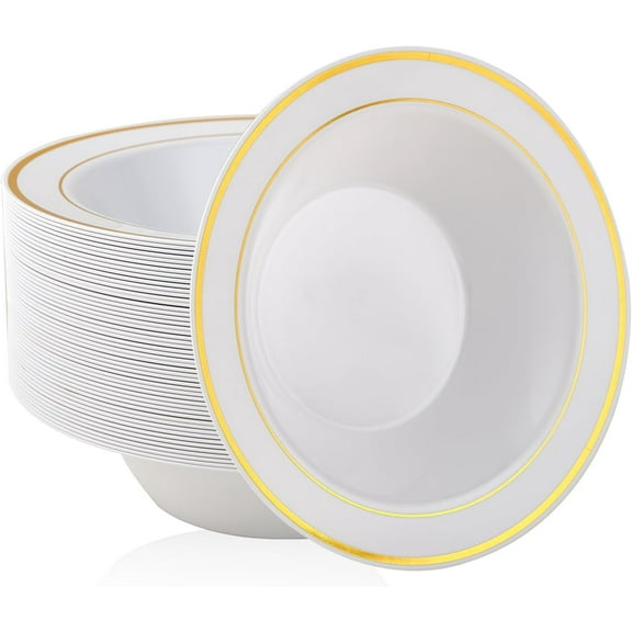 100PCS Plastic Bowls with Gold Rim-12oz disposable Soup Bowls, Christmas Thanksgiving Premium Dessert Salad Bowls for Wedding/Party