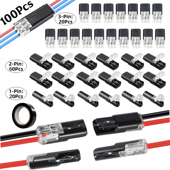 ChrumpTon 100PCS Quick Connect Wire Connectors, Double Wire Plug in Connector with Locking Buckle, 1/2/3 Pin for 22-18 AWG Low Voltage Wiring, LED Strip Lights & Electrical Cables, Tool-Free