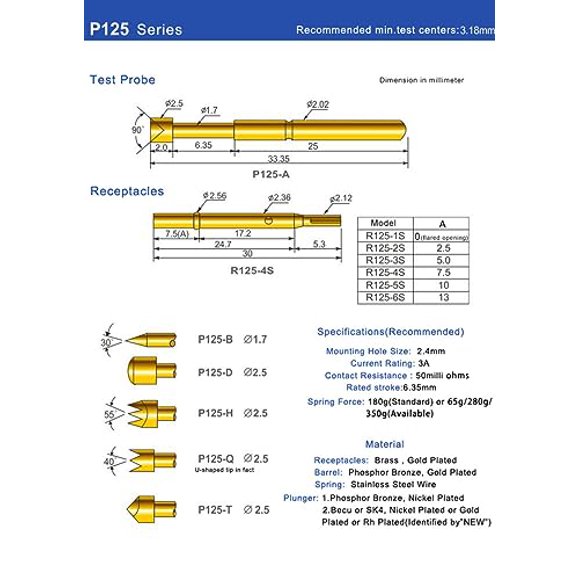100PCS R125-4S Test Pin P125-B Receptacle Brass Tube Needle Sleeve Seat Solder Connect Probe Sleeve 30mm Outer Dia 2.36mm