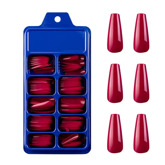 100PCS Red Coffin Press on Nails Long Fake Nail Kit Coffin Nails Press ons Nail Medium Ballerina Glue on Nails Tips Full Cover Glossy Artificial Nails False Fingernail with Box for Women Girls