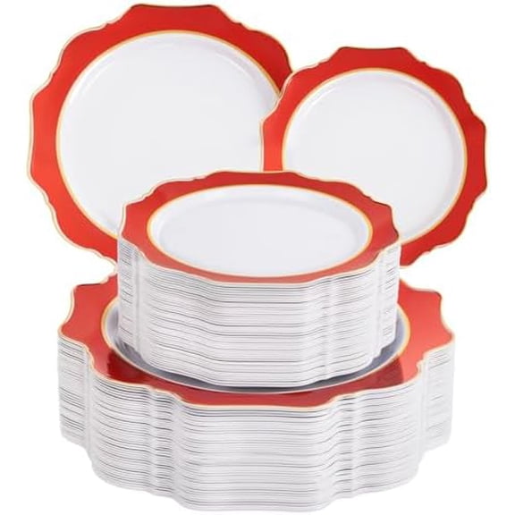 100PCS Red Plates Disposable - Heavy Duty Christmas Plates 50 Guests Red Plastic Plate for Party Baby Shower Wedding Spring