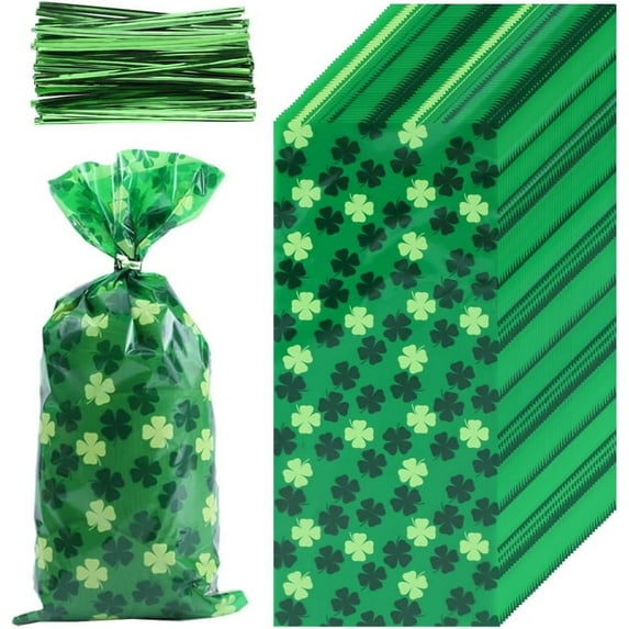 100PCS Saint Patrick's Day Treat Bags Shamrock Four-Leaf Clover Irish Green Lucky Plastic Cello Goody Candy Cookie Gift Bags and Green Twist Ties for Party Favors Supplies