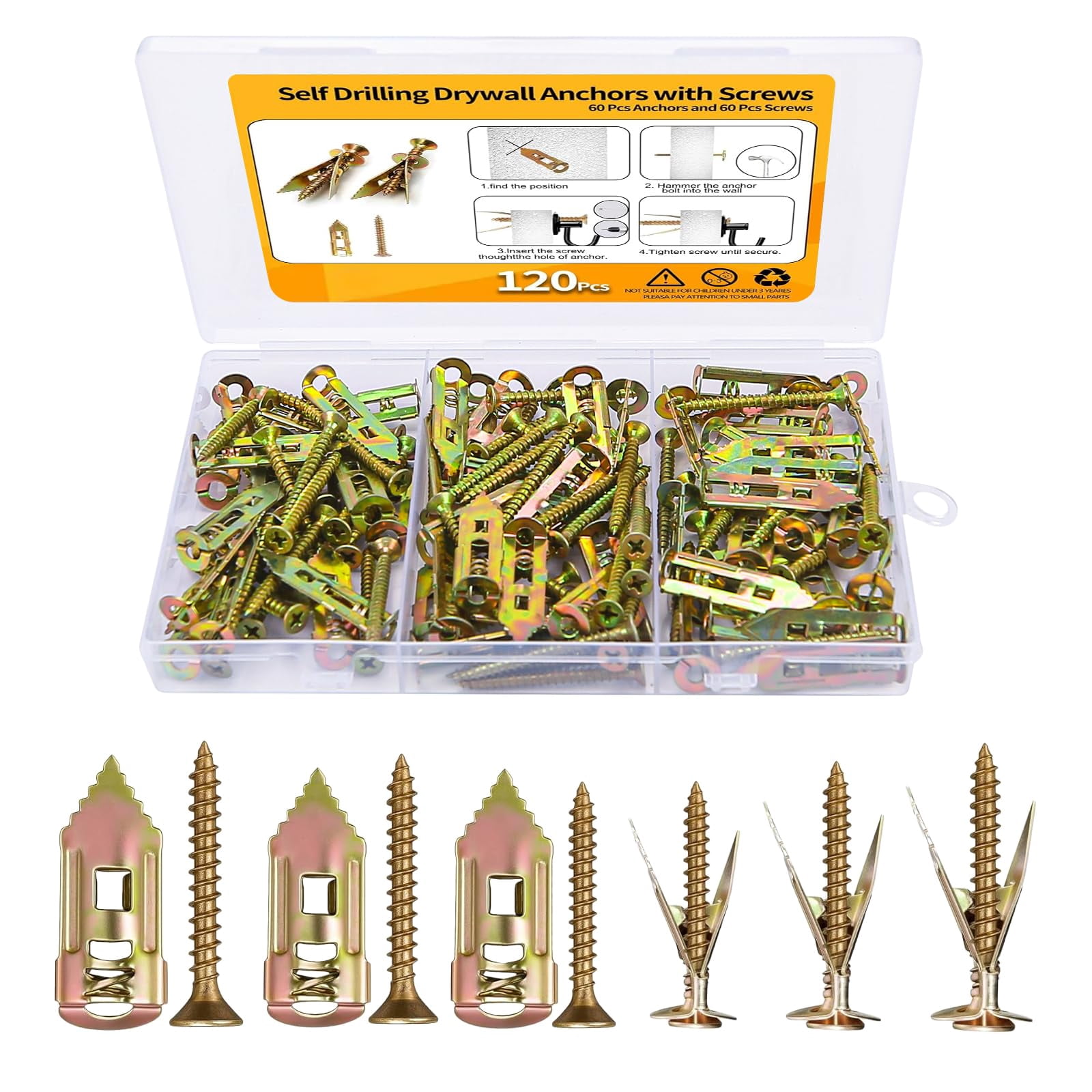100PCS Self Drilling Drywall Anchors and Screws kit,Heavy Duty #8 x 1-1/4”Wall Anchors for Drywall Holds Upto 80lbs, No Drill Hole Required with Dry Wall Screws and Anchors,Wall Anchors for Drywall