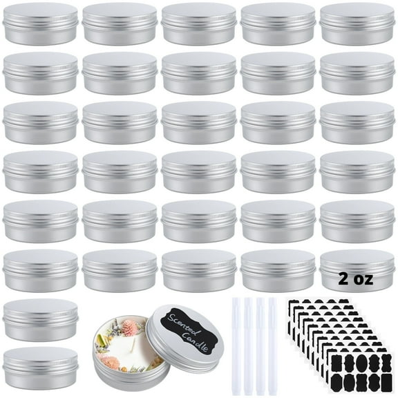 100PCS Small Aluminum Cans, 2oz Metal Round Tins, Aluminum Container with Screw Lid, DIY Candle Making Jar with Stickers Markers, Refillable Cans for Lotion Bars Balm Salves Spices Tea Leaves Beads