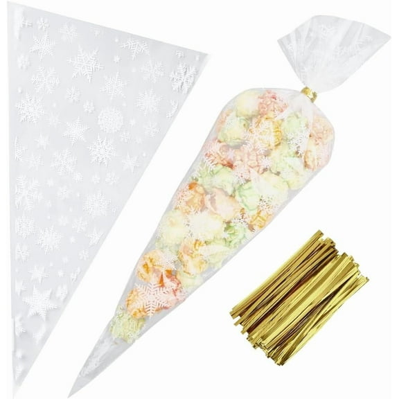 100PCS Snowflake Candy Cone Shape Bags 11.8x6.3 Inch Transparent Popcorn Cellophane Treat Bags Twist Ties Candy Cookie Goodies Clear Triangle Cello Wrap