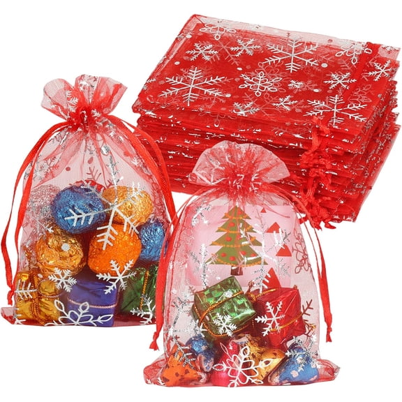 100PCS Snowflake Organza Gift Bags Christmas Gift Bags 4X6Inch Mesh Jewelry Bags With Drawstring for Jewelry Candy Holiday Party Favor Bags