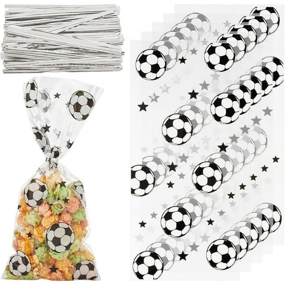 100PCS Soccer Cellophane Bags Plastic Football Star Pattern Clear Goodie Treat Bag Twist Ties Cello Gift Wrap for Birthday Sports Party Decorations Cookie Cake Snack Favor Supplies for DIY