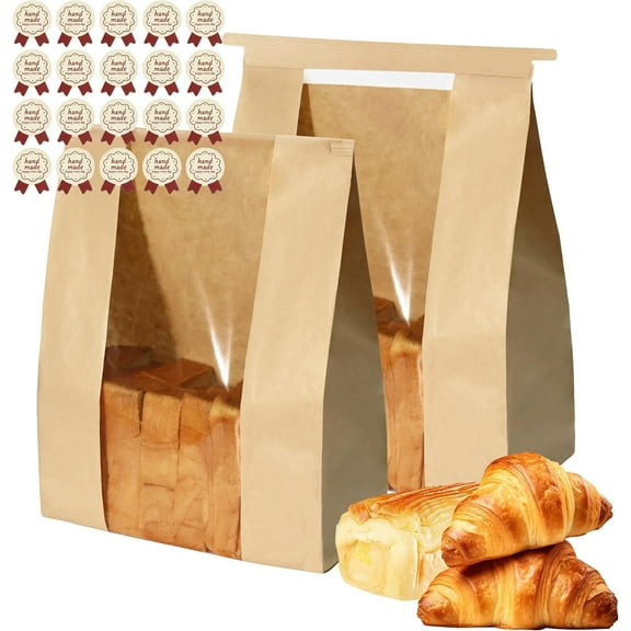 100PCS Sourdough Bread Bags for Homemade Bread Tin Tie Tab Lock Paper Large Bakery Bags with Window for Baked Food Packaging Storage Gift Giving Includes 100PCS Label Seal Stickers 13.7x8.3x3.5in