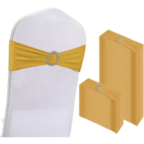 100PCS Spandex Stretch Chair Sashes Bows Elastic Chair Cover Bands Ties with Buckle Slider for Wedding Party Reception Events Universal Ceremony Banquet Decorations (Gold)