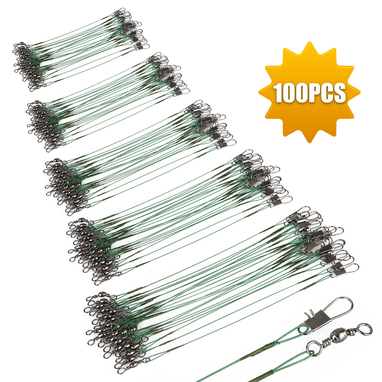 100PCS Stainless Steel Fishing Line Leaders, TSV Tooth Proof Heavy Duty Trace Fishing Leader Wire with Swivels and Snaps 14kg Pull for Connect Tackle Lures Rig or Hooks (Green)