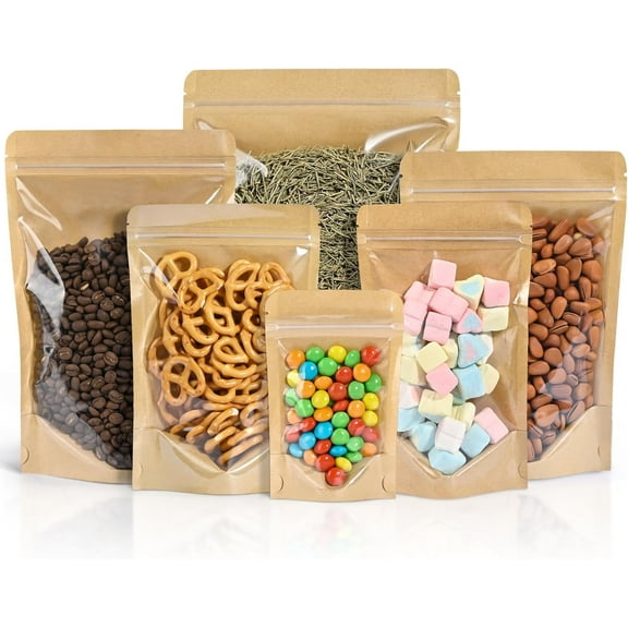 100PCS Stand Up Pouches 3.5"x5.5" Paper Bags With Window Clear Front Pouches Resealable Zipper Food Storage Brown