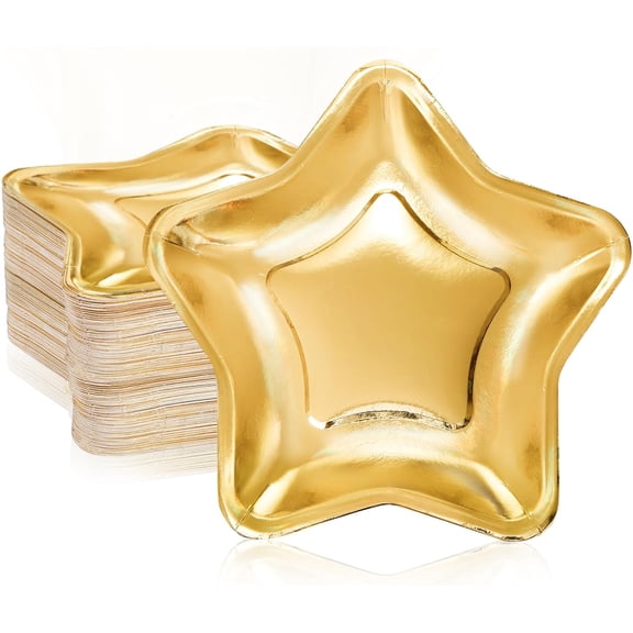 100PCS Star Shape Paper Plates, 9.5 Inches Disposable Pentagram Dinnerware, Gold Twinkle Star Paper Tableware Set for Dessert, Birthday Graduation Wedding Halloween Christmas Supplies
