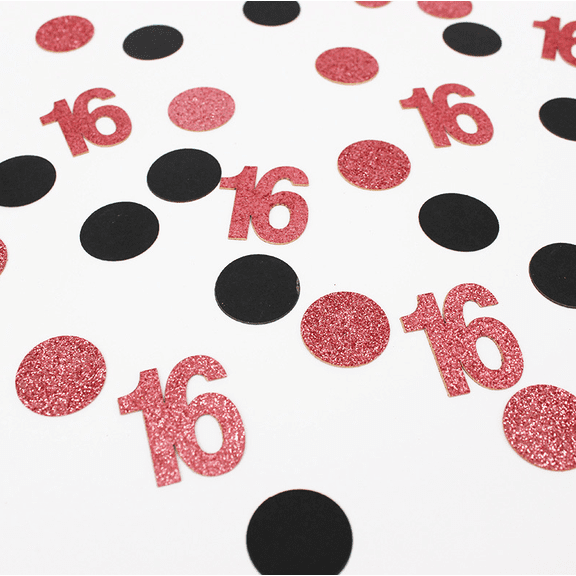 100PCS Sweet 16 Birthday Confetti, Red Glitter Number 16 and Black Circle Dots, Party Table Decoration