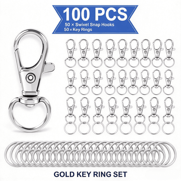 100PCS Swivel Snap Hooks with Key Rings for Keychains, Lanyards, Jewelry Making, Assorted Sizes in Silver