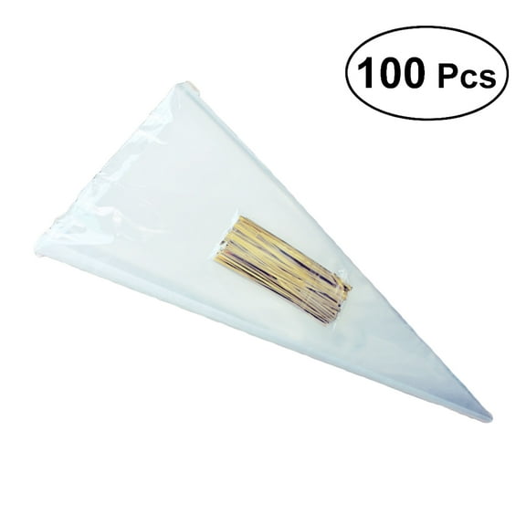 100PCS Transparent Cone Bags Clear Cello Bags Sweets Treat Bags with Gold Ties (13 x 25cm)