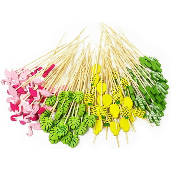 100PCS Tropical Cocktail Picks Sticks, Flamingo Pineapple Cactus Cacti Palm Leaves Sticks, Hawaiian Luau Bamboo Sticks, Fruit Appetizer Food Drinks Picks Sticks