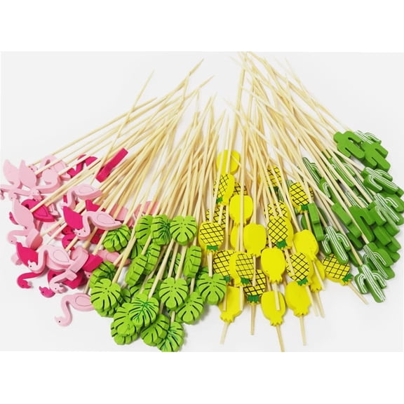 100PCS Tropical Cocktail Picks Sticks, Flamingo Pineapple Cactus Cacti Palm Leaves Sticks, Hawaiian Luau Bamboo Sticks, Fruit Appetizer Food Drinks Picks Sticks