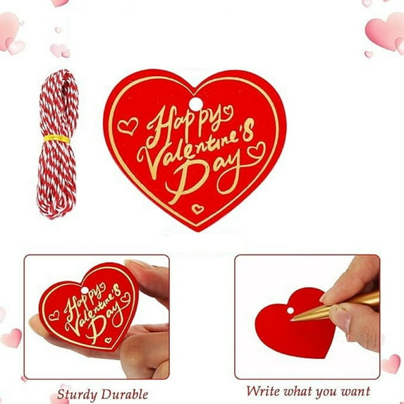 100PCS Valentine's Day Gift Tags,Red Heart Shaped Hanging Labels, Happy Valentine's Day Bulk Paper Tags with Strings for Bags, Gift Wrapping, DIY Crafts Party Favor Supplies