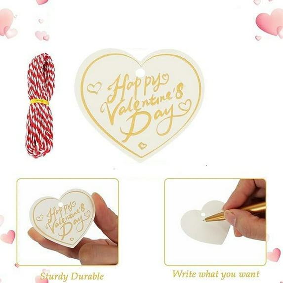 100PCS Valentine's Day Gift Tags,White Heart Shaped Hanging Labels, Happy Valentine's Day Bulk Paper Tags with Strings for Bags, Gift Wrapping, DIY Crafts Party Favor Supplies