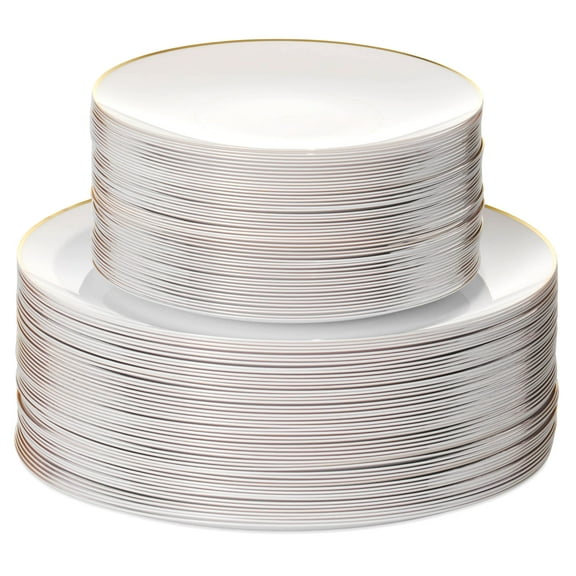 100PCS White Dinnerware Combo | 50 AFN1Gold Rim Appetizer/Dessert Plates (7.5in) & 50 Dinner Plates (10in) | Heavy Duty Disposable Plastic Plates For Wedding, Parties, Catering