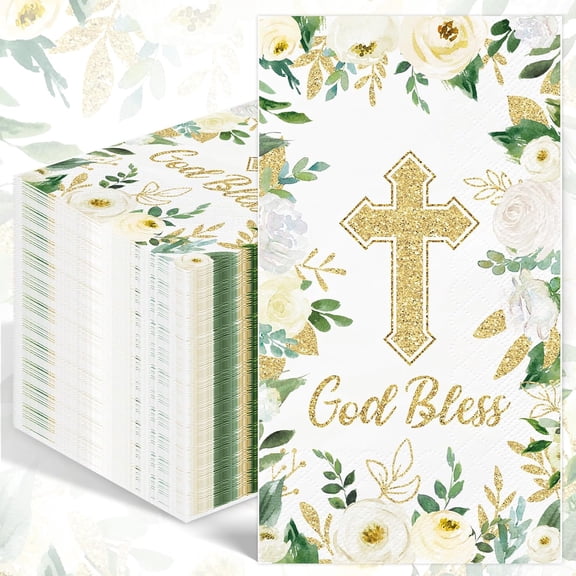 100PCS White Floral Religious Paper Napkins 3 Ply Blessed Cross Disposable Hand Towels for Bathroom Decorative Eucalyptus Guest Napkins for Wedding First Communion Religious Party Supplies