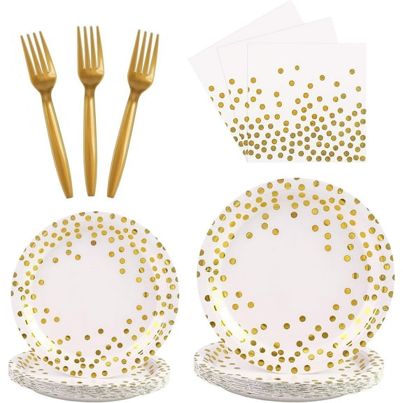 100PCS White and Gold Party Supplies Dots Tableware Set Serves 25, Gold Dots White Paper Plates with Napkins and Plastic Forks for Birthday Wedding Christmas Cocktail Party Baby Shower