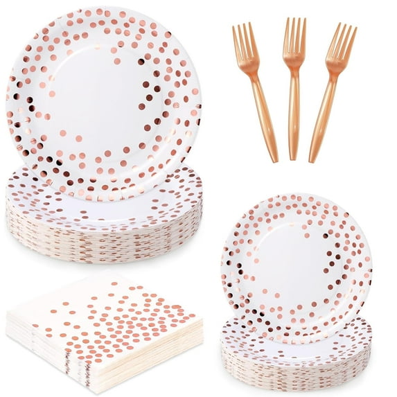 100PCS White and Rose Gold Party Supplies Dots Tableware Set Serves 25, Rose Gold Dots White Paper Plates with Napkins and Plastic Forks for Birthday Wedding Christmas Cocktail Party Baby Shower
