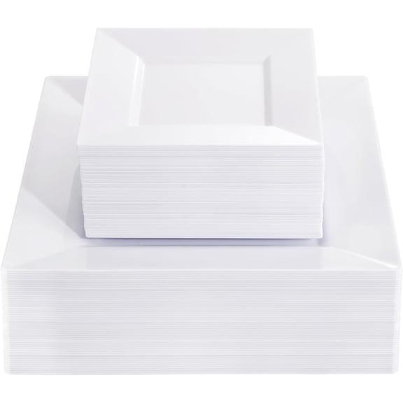 100PCS White Square Plastic Plates - 50PCS Heavy Duty 9.5" Dinner Plates & 50PCS 6" Dessert Plates - Sturdy Disposable Plates for Parties, Weddings, Events, BBQ & Catering