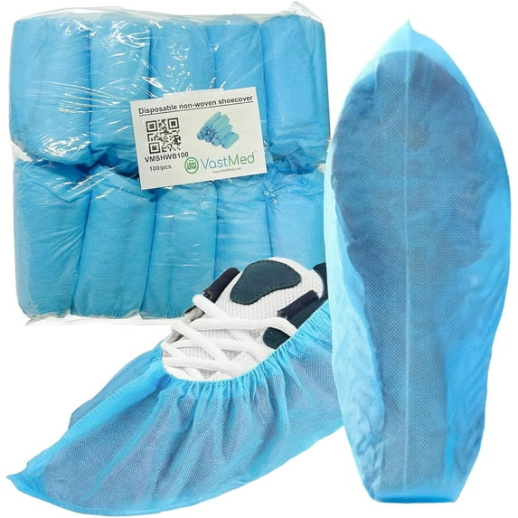 100 PCs (50Pairs) Disposable Non-Woven PP Shoe Covers by VASTMED – 100% Non-Latex, Blue, One Size Fits Most, for Indoor & Outdoor Shoe Protection