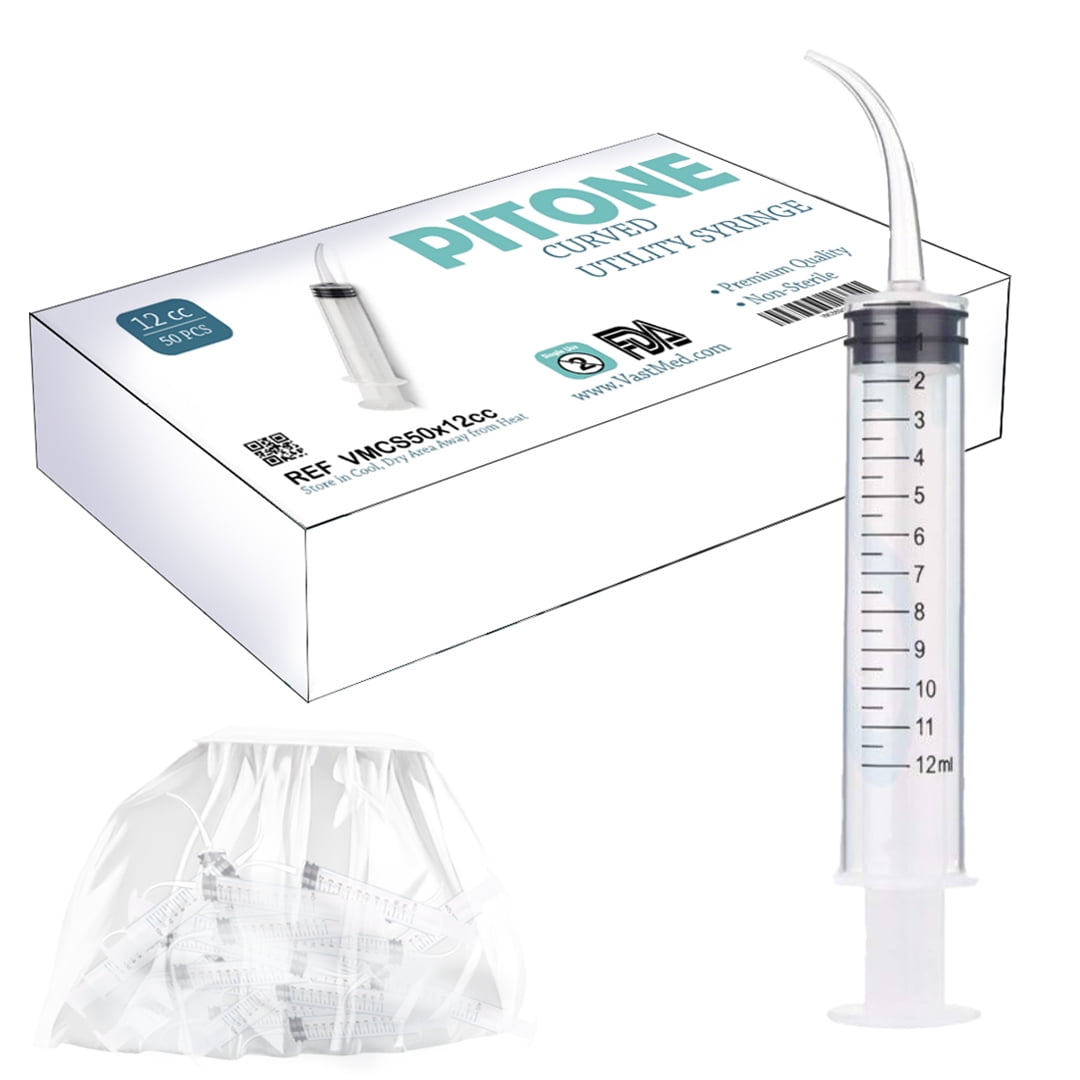 100PCs Pitone Disposable 12cc Irrigation Syringe with Curved Tip by