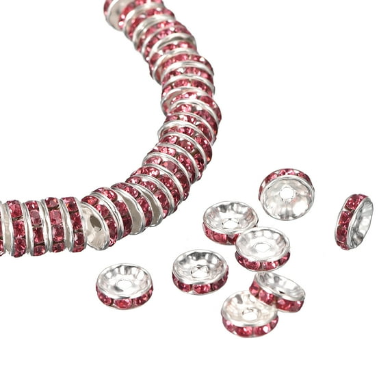 100Pack 10mm Rondelle Spacer Beads, Silver Plated Rose Red Rhinestone Spacer Beads, Round Spacer Loose Beads