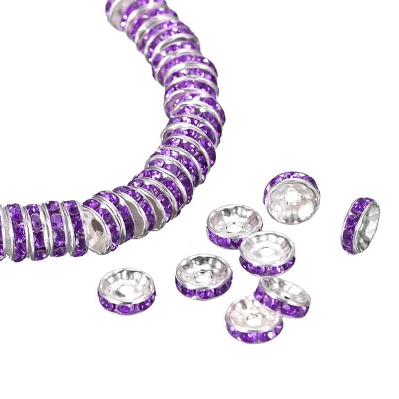 100Pack 10mm Rondelle Spacer Beads, Silver Plated purple Rhinestone Spacer Beads, Round Spacer Loose Beads