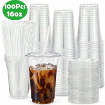 100Pack- 12/16 Oz Plastic Cups With Lids And Straws, Disposable Clear Plastic Cups With Slot Lids For Cold Drinks For Iced Coffee, Smoothie, Milkshake And Cold Drinks