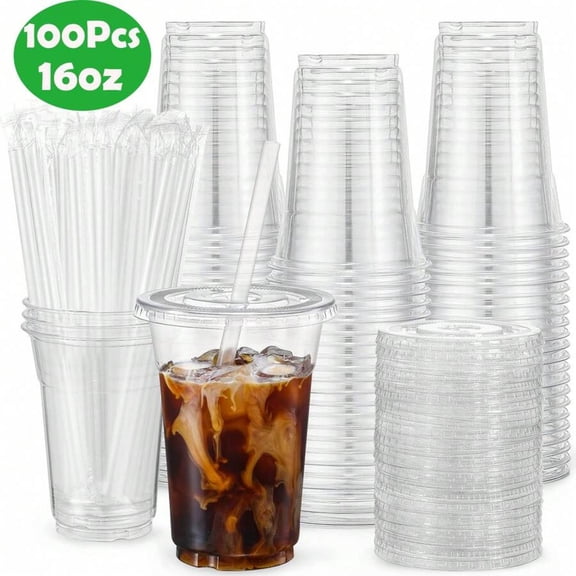 100Pack- 12/16 Oz Plastic Cups With Lids And Straws, Disposable Clear Plastic Cups With Slot Lids For Cold Drinks For Iced Coffee, Smoothie, Milkshake And Cold Drinks