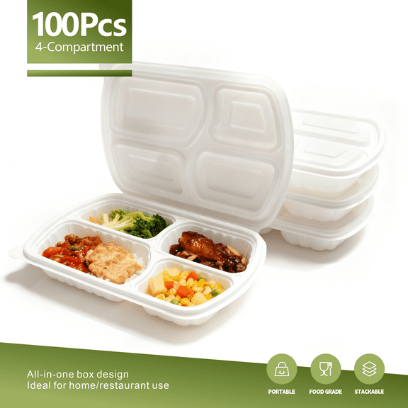 100Pack 4-Compartment White Meal Prep Containers, Disposable Bento Boxes, BPA-Free Food Storage Containers, Freezer- and Microwave-Safe, Stackable, Great for the 4th of July, Picnics, Parties, an