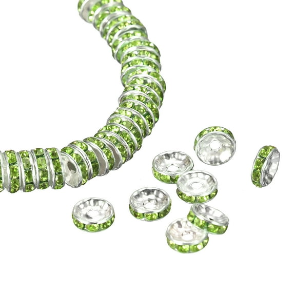 100Pack 6mm Rondelle Spacer Beads, Silver Plated Green Rhinestone Spacer Beads, Round Spacer Loose Beads