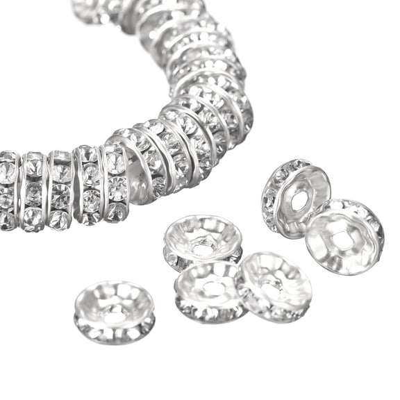 100Pack 8mm Rondelle Spacer Beads, Silver Plated Rhinestone Spacer Beads, Round Spacer Loose Beads, Silver White