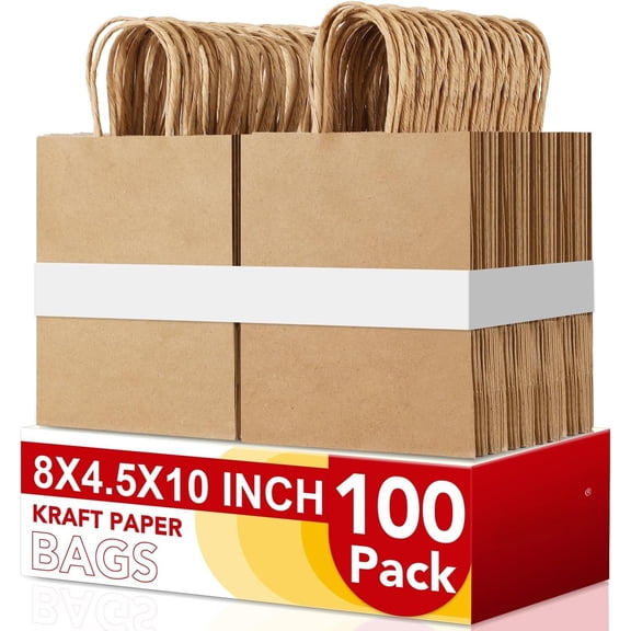 100Pack Brown Paper Bags 8x4.5x10 Inch, Plain Medium Paper Bags with Handles ,  Paper  Bag, Retail, Party, Shopping, Favor Bag